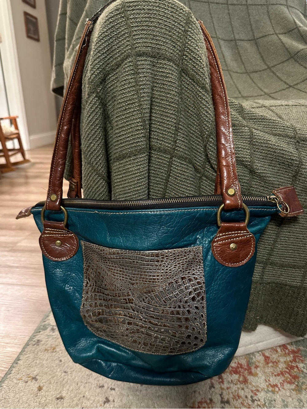 VTG Turquoise & Croc Artisan Leather Shoulder Bag Gold Boho Chic Retro Slouchy